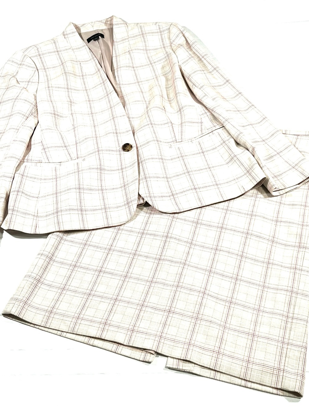 Ann Taylor Cream Plaid Skirt Suit